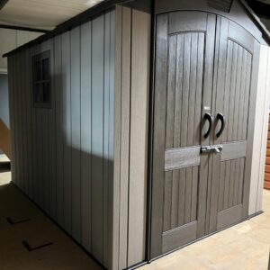 LIFETIME Garden Shed - 10 Year Warranty / Garage Great for Ride on Lawnmower (Grey) Wide 214 cm x Deep 285 cm x High 227 cm Heavy Duty High-Density Polyethylene (HDPE) Rough Cut Grey.